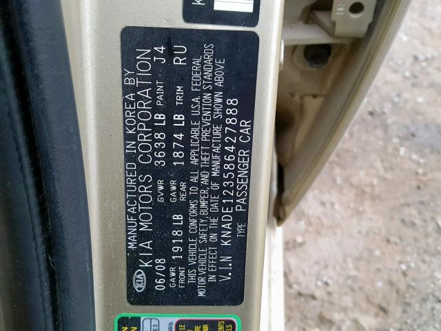 KNADE123586427888 - 2008 KIA RIO BASE GOLD photo 10