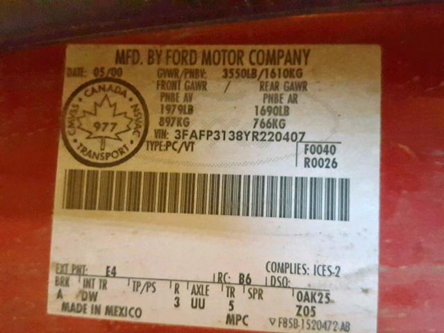 3FAFP3138YR220407 - 2000 FORD FOCUS ZX3 RED photo 10