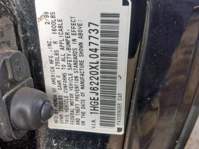 1HGEJ6220XL047737 - 1999 HONDA CIVIC DX BLACK photo 10