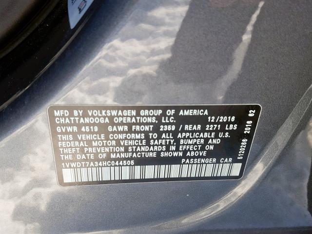 1VWDT7A34HC044505 - 2017 VOLKSWAGEN PASSAT R-L 灰色 照片 10