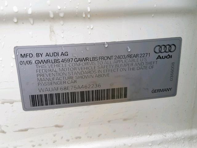 WAUAF68E75A462236 - 2005 AUDI A4 2.0T WHITE photo 10