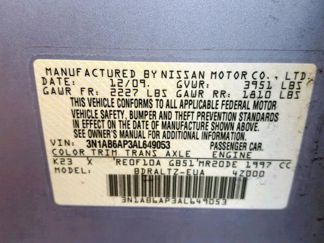 3N1AB6AP3AL649053 - 2010 NISSAN SENTRA 2.0 SILVER photo 10