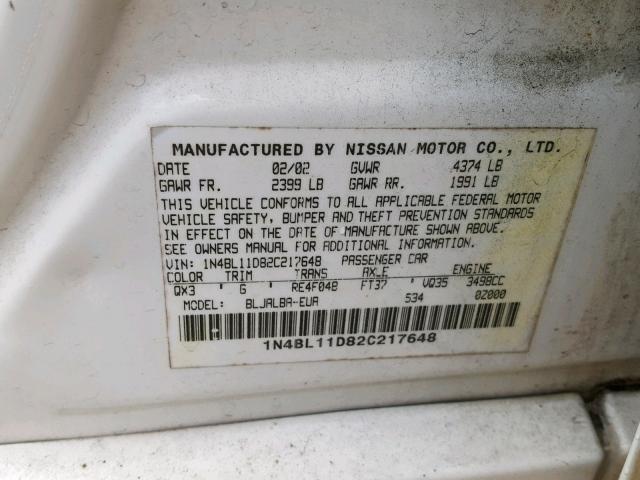 1N4BL11D82C217648 - 2002 NISSAN ALTIMA SE WHITE photo 10