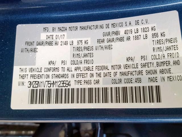 3MZBN1V75HM123594 - 2017 MAZDA 3 TOURING BLUE photo 10