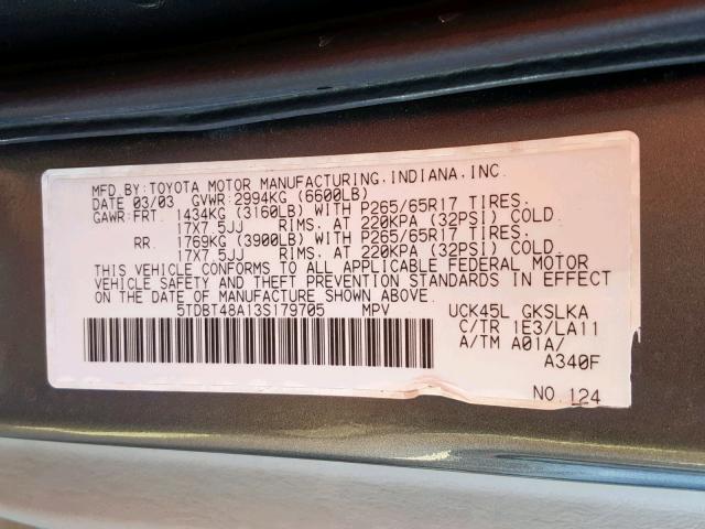 5TDBT48A13S179705 - 2003 TOYOTA SEQUOIA LI GRAY photo 10