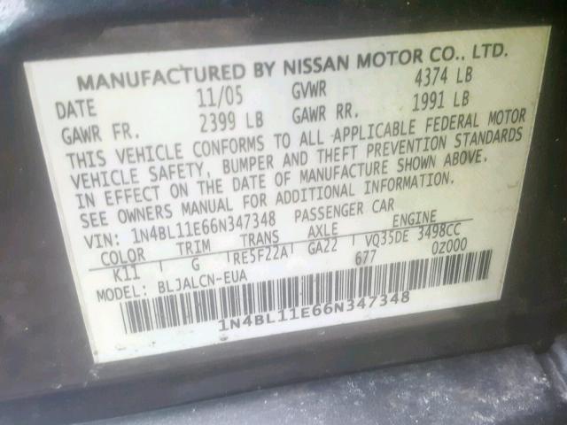 1N4BL11E66N347348 - 2006 NISSAN ALTIMA SE SILVER photo 10