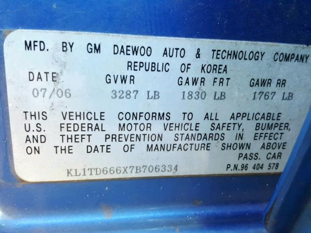 KL1TD666X7B706334 - 2007 CHEVROLET AVEO BASE ლურჯი ფოტო 10