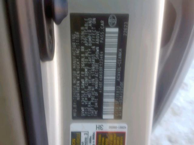 4T4BE46K69R123464 - 2009 TOYOTA CAMRY BASE SILVER photo 10