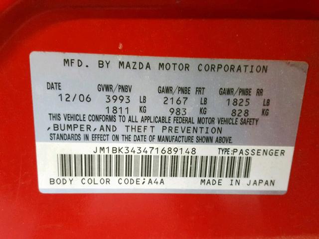 JM1BK343471689148 - 2007 MAZDA 3 HATCHBAC RED photo 10