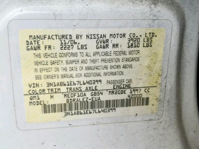 3N1AB61E67L640399 - 2007 NISSAN SENTRA 2.0 WHITE photo 10