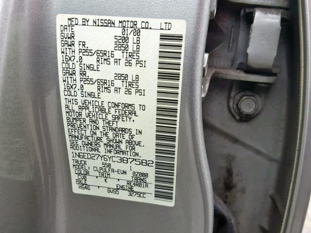 1N6ED27Y6YC387582 - 2000 NISSAN FRONTIER C SILVER photo 10