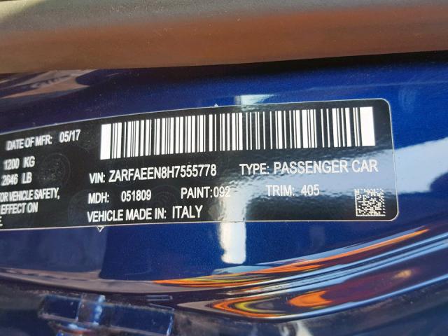 ZARFAEEN8H7555778 - 2017 ALFA ROMEO GIULIA TI BLUE photo 10