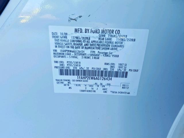 1FAHP2EW6AG126434 - 2010 FORD TAURUS SEL WHITE photo 10