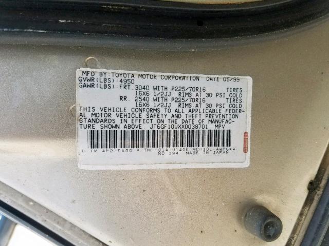 JT6GF10UXX0038701 - 1999 LEXUS RX 300 GOLD photo 10