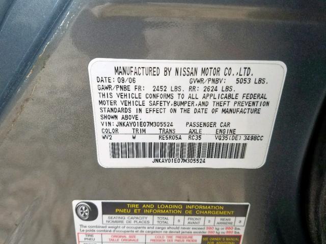 JNKAY01E07M305524 - 2007 INFINITI M35 BASE GRAY photo 10