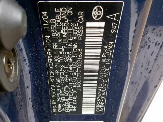 JTKDE177750031628 - 2005 TOYOTA SCION TC BLUE photo 10