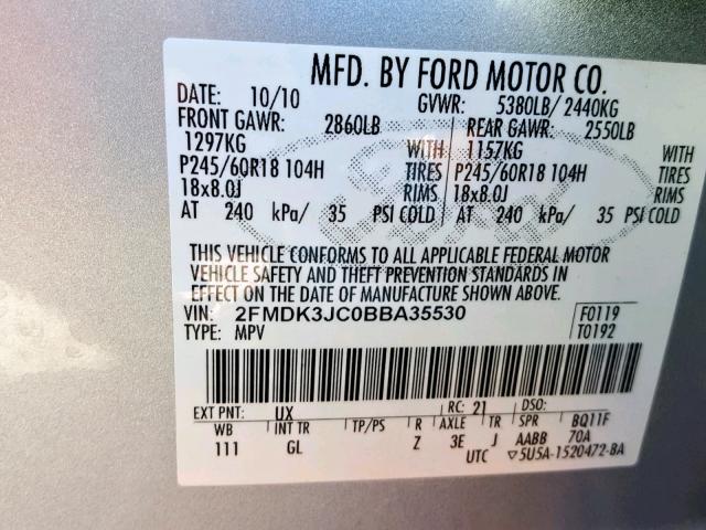 2FMDK3JC0BBA35530 - 2011 FORD EDGE SEL SILVER photo 10