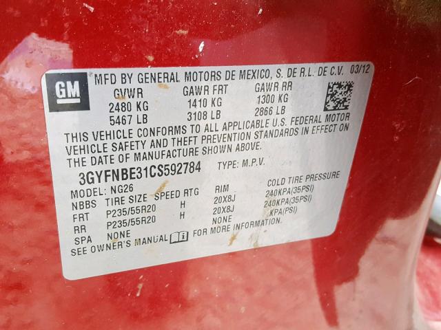 3GYFNBE31CS592784 - 2012 CADILLAC SRX PERFOR წითელი ფოტო 10