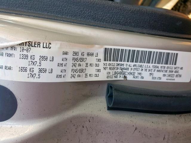 1J8HG48K68C149432 - 2008 JEEP COMMANDER TAN photo 10