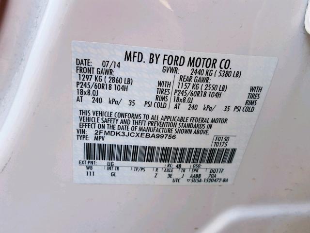 2FMDK3JCXEBA99756 - 2014 FORD EDGE SEL WHITE photo 10