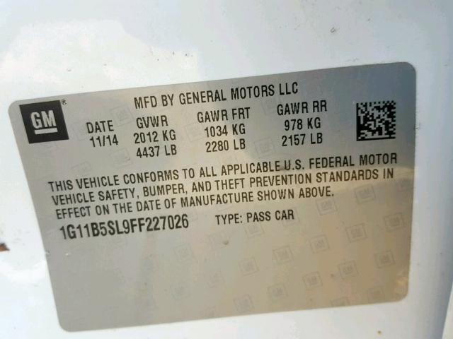 1G11B5SL9FF227026 - 2015 CHEVROLET MALIBU LS 白色 照片 10