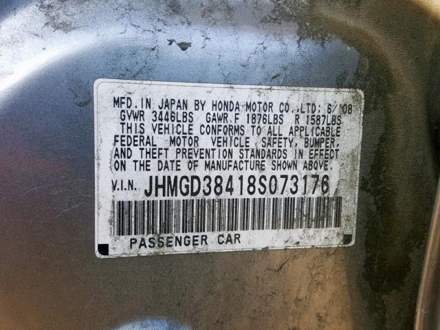 JHMGD38418S073176 - 2008 HONDA FIT GRAY photo 10