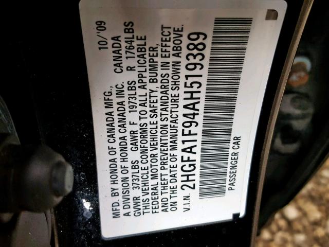 2HGFA1F94AH519389 - 2010 HONDA CIVIC EXL BLACK photo 10