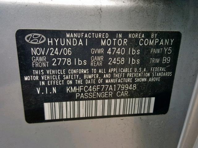 KMHFC46F77A179948 - 2007 HYUNDAI AZERA SE SILVER photo 10