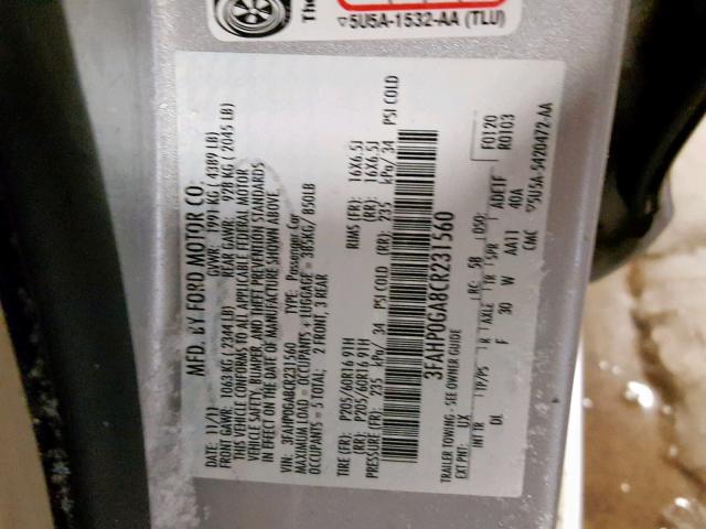 3FAHP0GA8CR231560 - 2012 FORD FUSION S SILVER photo 10