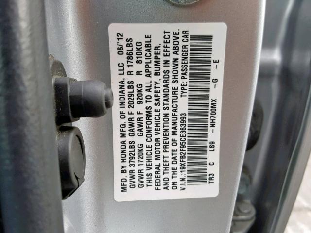 19XFB2F95CE363993 - 2012 HONDA CIVIC EXL SILVER photo 10