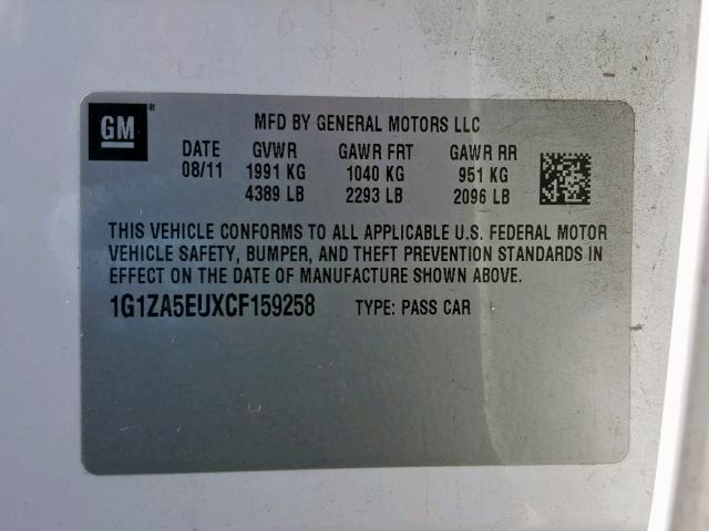 1G1ZA5EUXCF159258 - 2012 CHEVROLET MALIBU LS WHITE photo 10