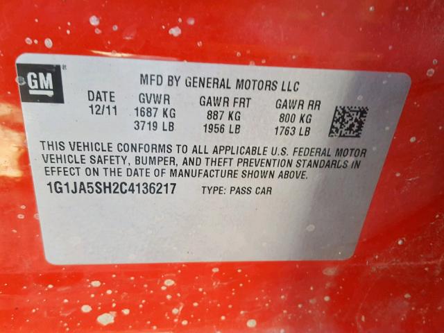 1G1JA5SH2C4136217 - 2012 CHEVROLET SONIC LS 红色 照片 10