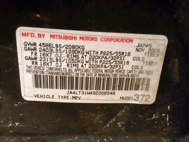 JA4LT31W49Z008548 - 2009 MITSUBISHI OUTLANDER BLACK photo 10