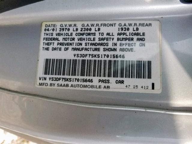 YS3DF75K517015646 - 2001 SAAB 9-3 SE SILVER photo 10