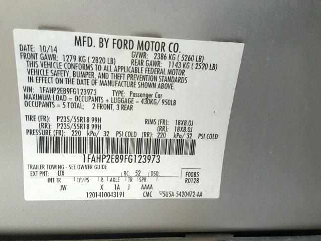 1FAHP2E89FG123973 - 2015 FORD TAURUS SEL SILVER photo 10