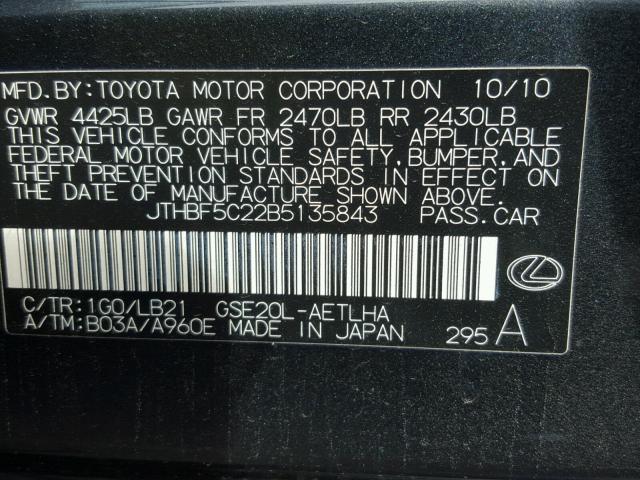 JTHBF5C22B5135843 - 2011 LEXUS IS 250 BLACK photo 10