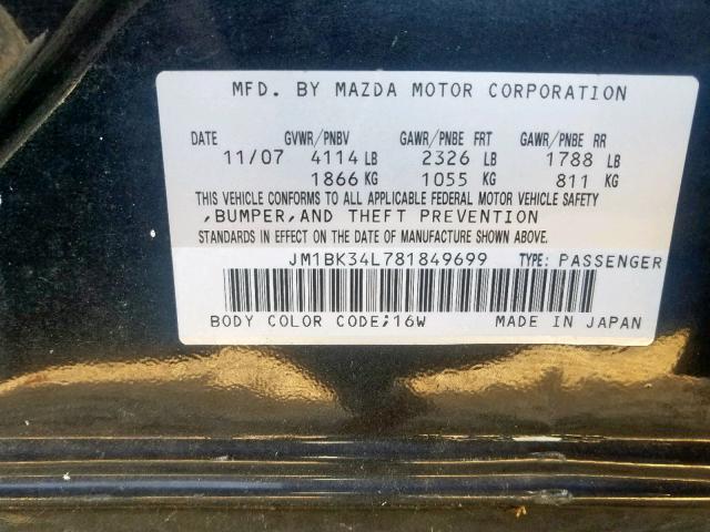 JM1BK34L781849699 - 2008 MAZDA SPEED 3 BLACK photo 10