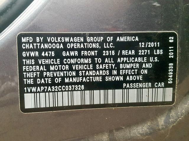 1VWAP7A32CC037326 - 2012 VOLKSWAGEN PASSAT S GRAY photo 10