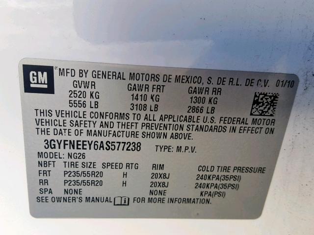 3GYFNEEY6AS577238 - 2010 CADILLAC SRX PERFOR WHITE photo 10