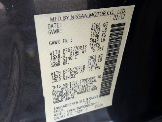 1N6BA0EC4CN313940 - 2012 NISSAN TITAN S GRAY photo 10