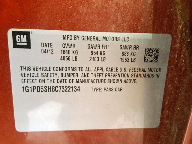 1G1PD5SH8C7322134 - 2012 CHEVROLET CRUZE LS ORANGE photo 10