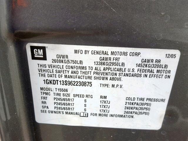 1GKDT13S962230875 - 2006 GMC ENVOY GRAY photo 10