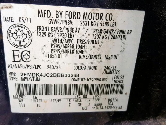 2FMDK4JC2BBB33268 - 2011 FORD EDGE SEL BLUE photo 10