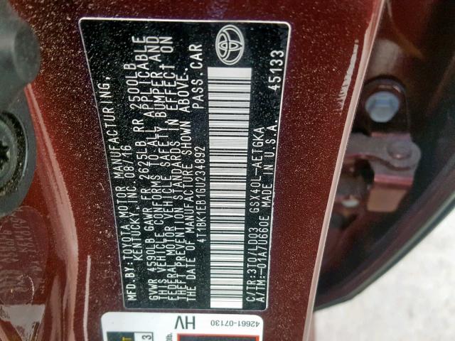 4T1BK1EB1GU234892 - 2016 TOYOTA AVALON XLE MAROON photo 10