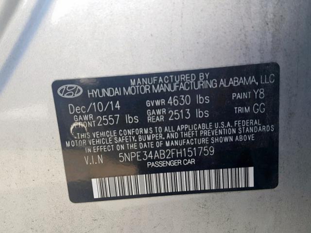 5NPE34AB2FH151759 - 2015 HYUNDAI SONATA SPO SILVER photo 10