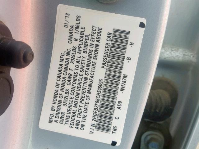 2HGFB2F96CH546096 - 2012 HONDA CIVIC EXL BLUE photo 10