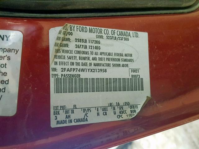 2FAFP74W1YX213958 - 2000 FORD CROWN VICT RED photo 10