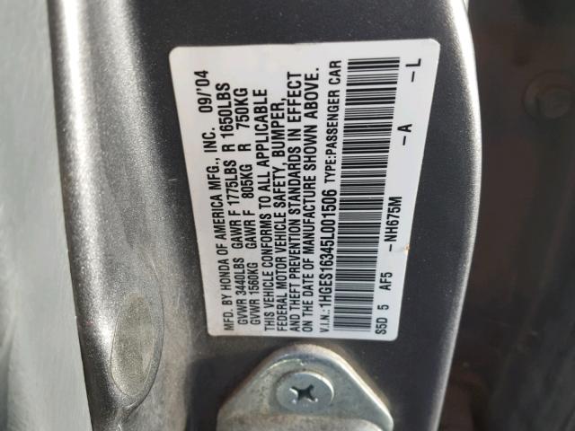 1HGES16345L001506 - 2005 HONDA CIVIC DX V GRAY photo 10