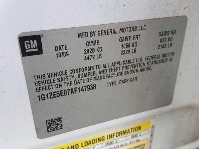 1G1ZE5E07AF147938 - 2010 CHEVROLET MALIBU LTZ 白色 照片 10