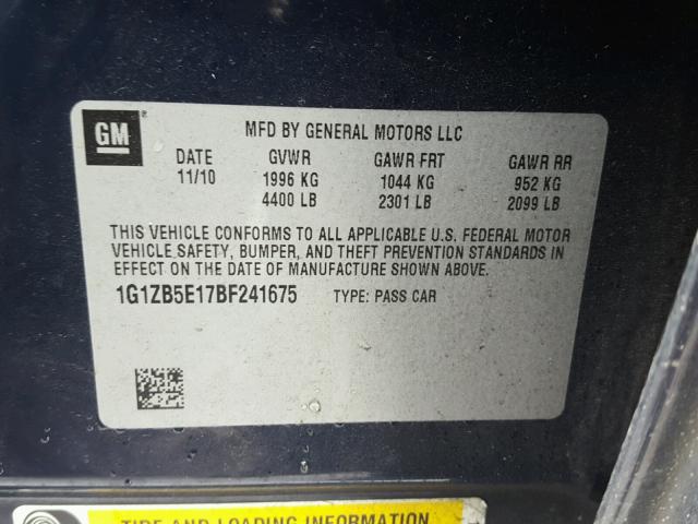 1G1ZB5E17BF241675 - 2011 CHEVROLET MALIBU LS BLUE photo 10